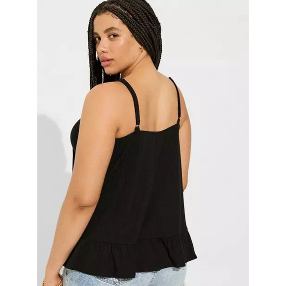 New Torrid M/L (10) Black Texture Knit Woven Eyelet Square Neck Swing Tank - Picture 2 of 5